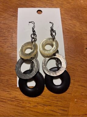 Triple Hoop Drop Earrings in Black, Silver & Cream